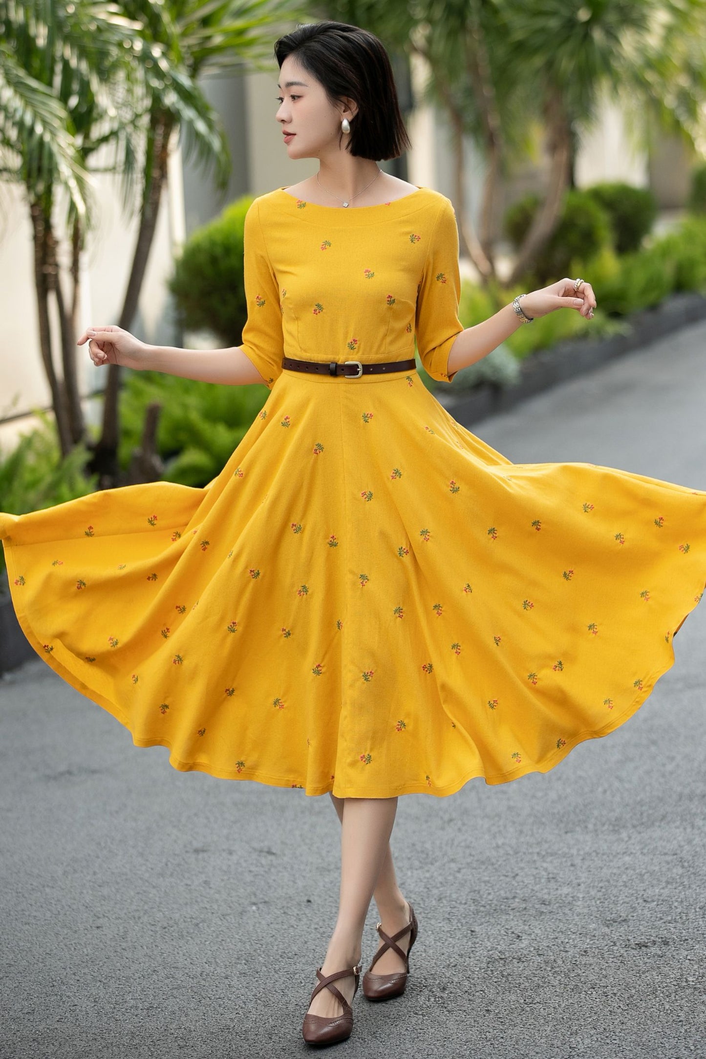 Yellow Linen Cotton Midi Dress – Vintage Fit & Flare with Pockets 6668
