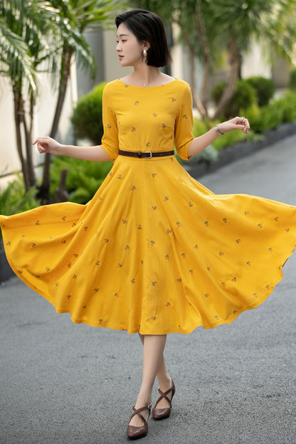 Yellow Linen Cotton Midi Dress – Vintage Fit & Flare with Pockets 6668