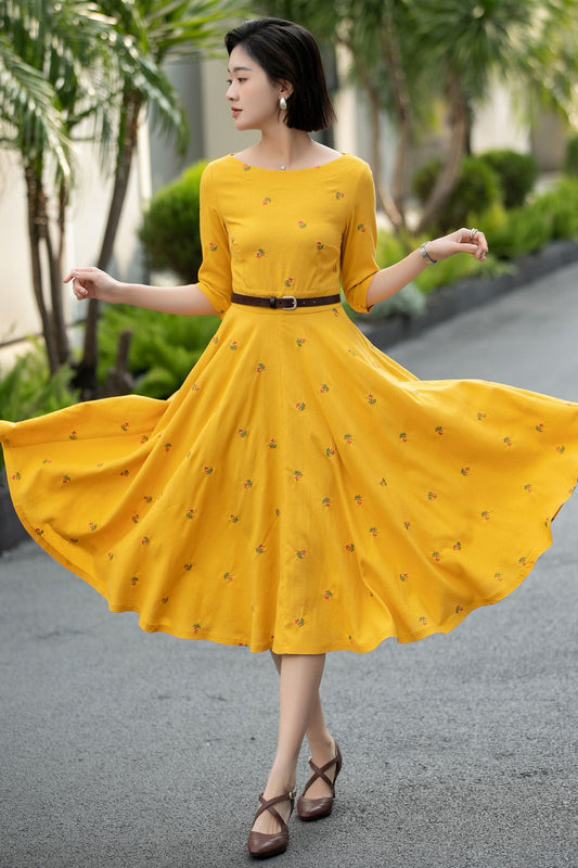 Yellow Linen Cotton Midi Dress – Vintage Fit & Flare with Pockets 6668