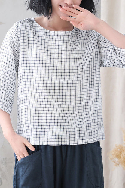 White Check Linen Blouse – Loose Fit 3/4 Sleeve Summer Top 3337