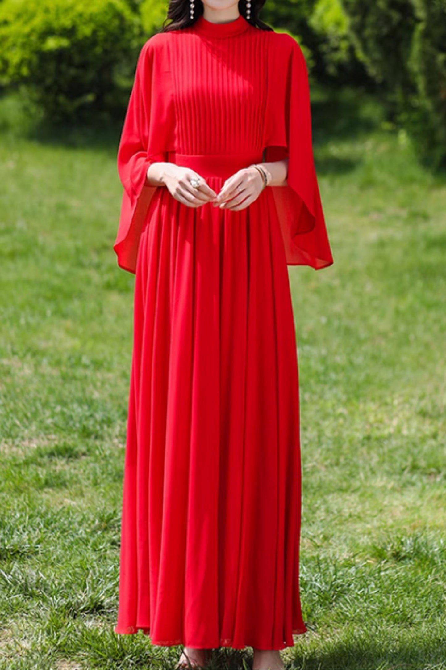 red chiffon swing dress Red Chiffon Midi Dress with Ruffle Edge and Irregular Hem Red / S