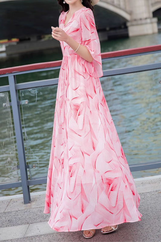 High waist pink bohemian summer long dress 5035