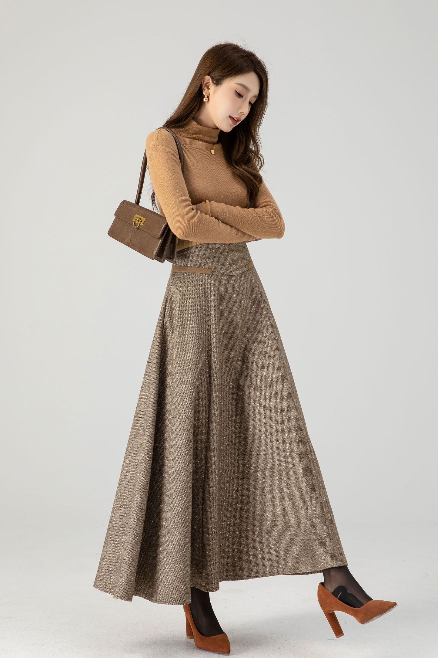 High waisted a line long wool skirt 4608