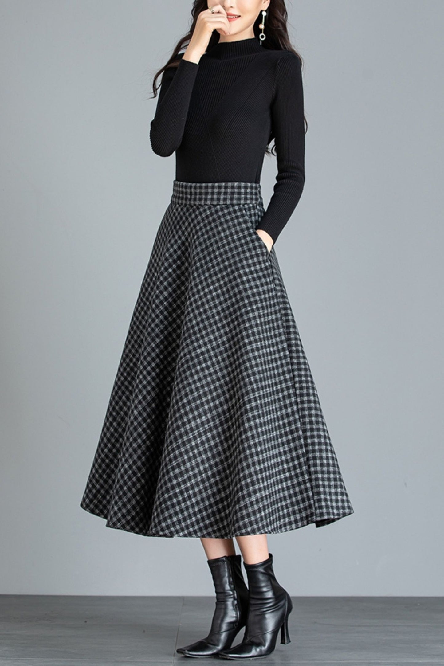 A line midi winter wool skirt women 6214