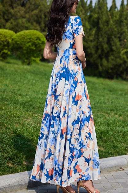 Blue Floral Chiffon Maxi Dress - V-Neck, Fitted Waist 5039