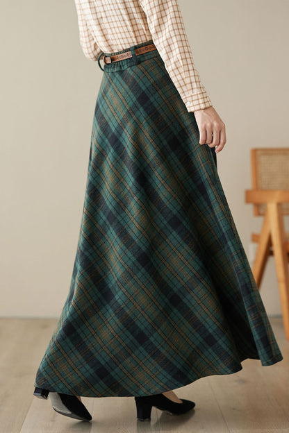 Green Wool Maxi Skirt - Plaid Flared Ankle-Length 4621