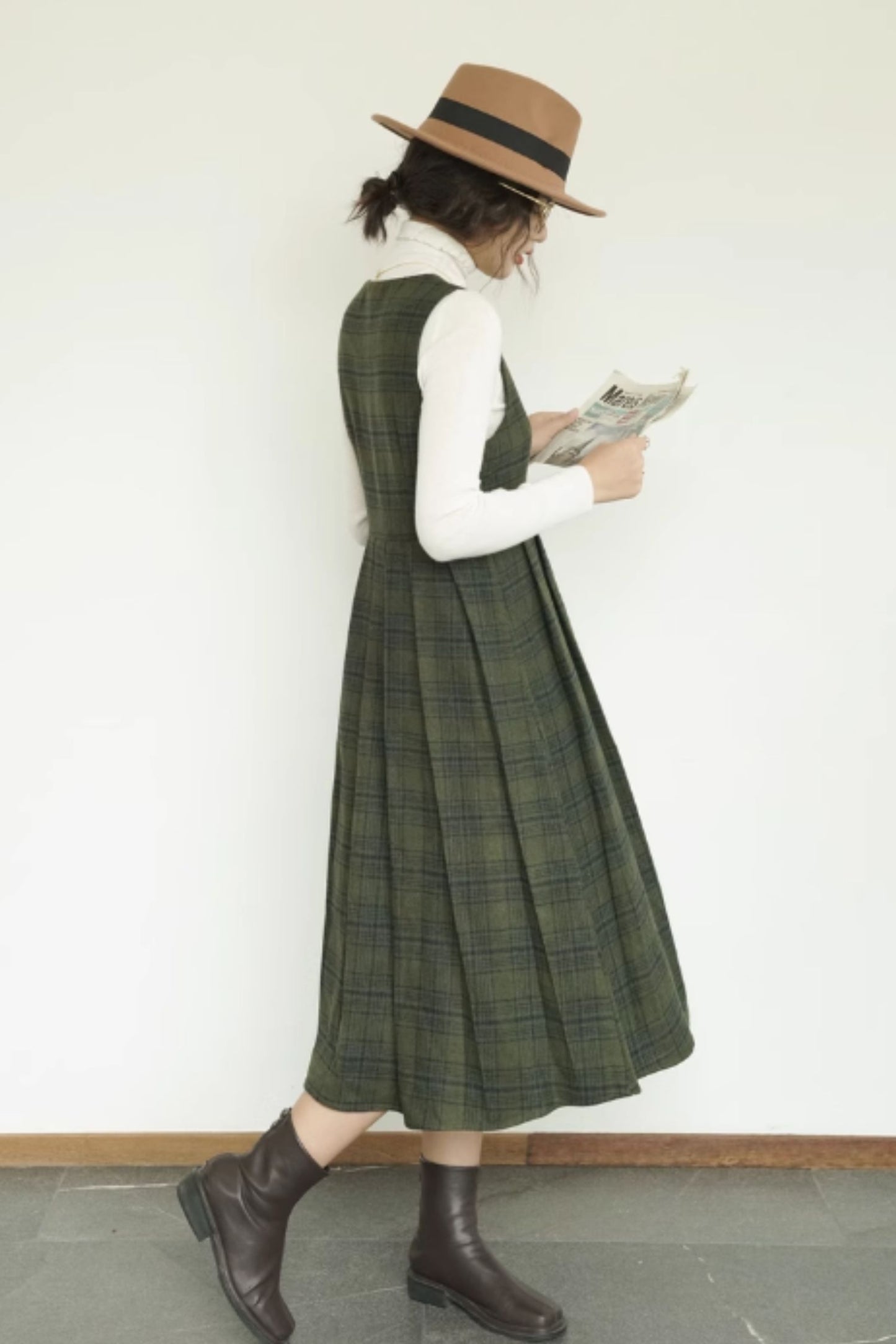 Sleeveless plaid autumn wool dress women 5414