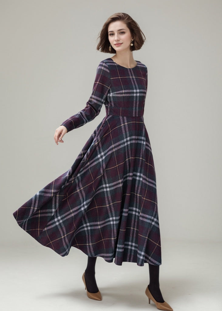 Handmade Swing plaid midi wool dress women 5308