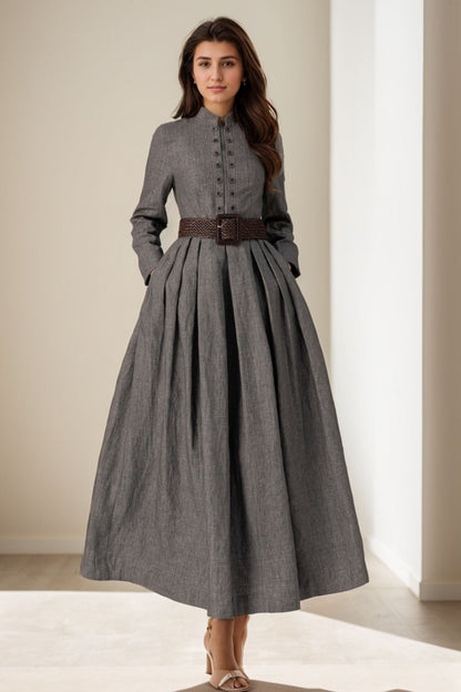 Gray Linen Maxi Dress - Pleated, Long Sleeve, Button Detail 5126