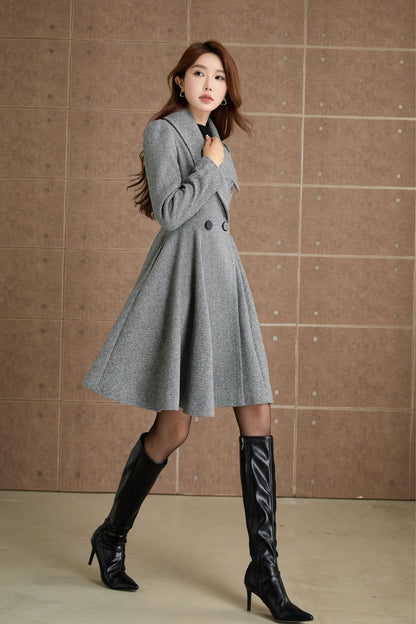 Wool Blend Fit and Flare Coat – Gray Double Breasted Coat with Pockets 5365