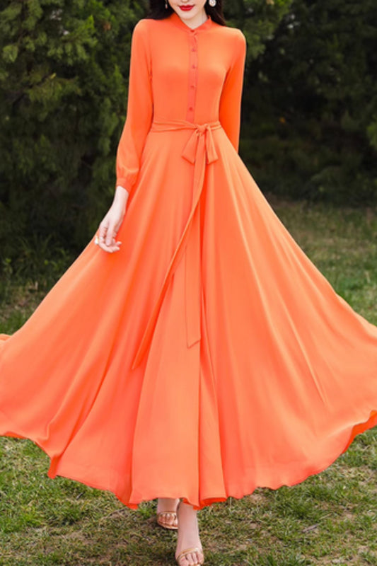 Long sleeves orange maxi chiffon dress 5076