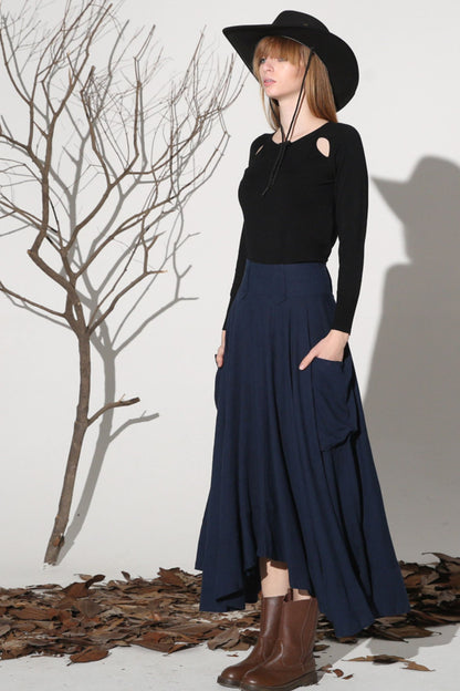 Navy Linen Maxi Skirt - Asymmetrical Ruffle Hem with Pockets 1157