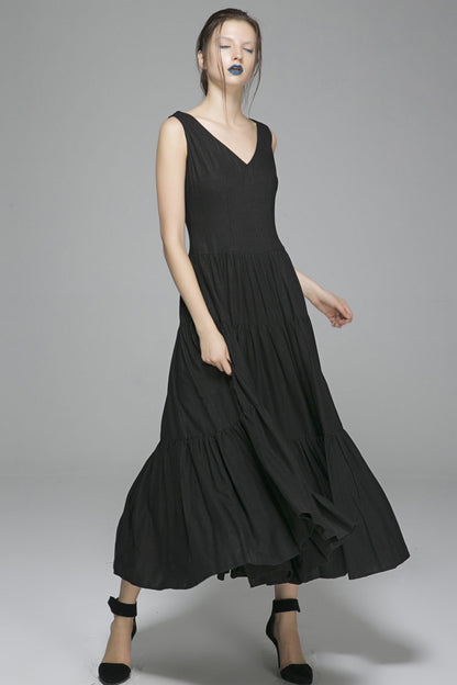 Black Linen Maxi Dress - Sleeveless V-Neck Formal | Xiaolizi 1404