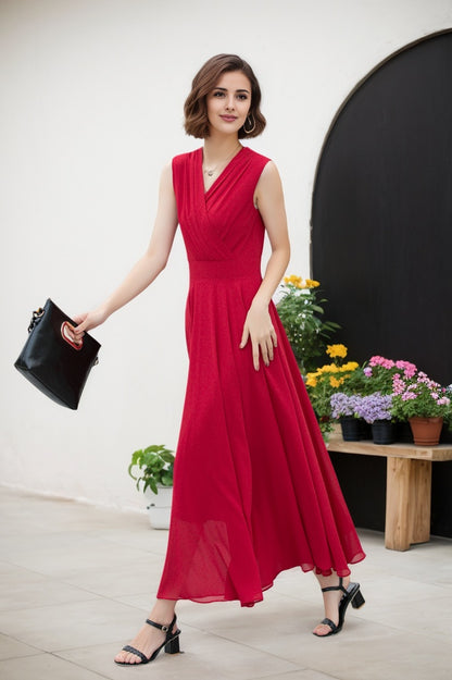 Burgundy sleeves summer prom chiffon dress 5173