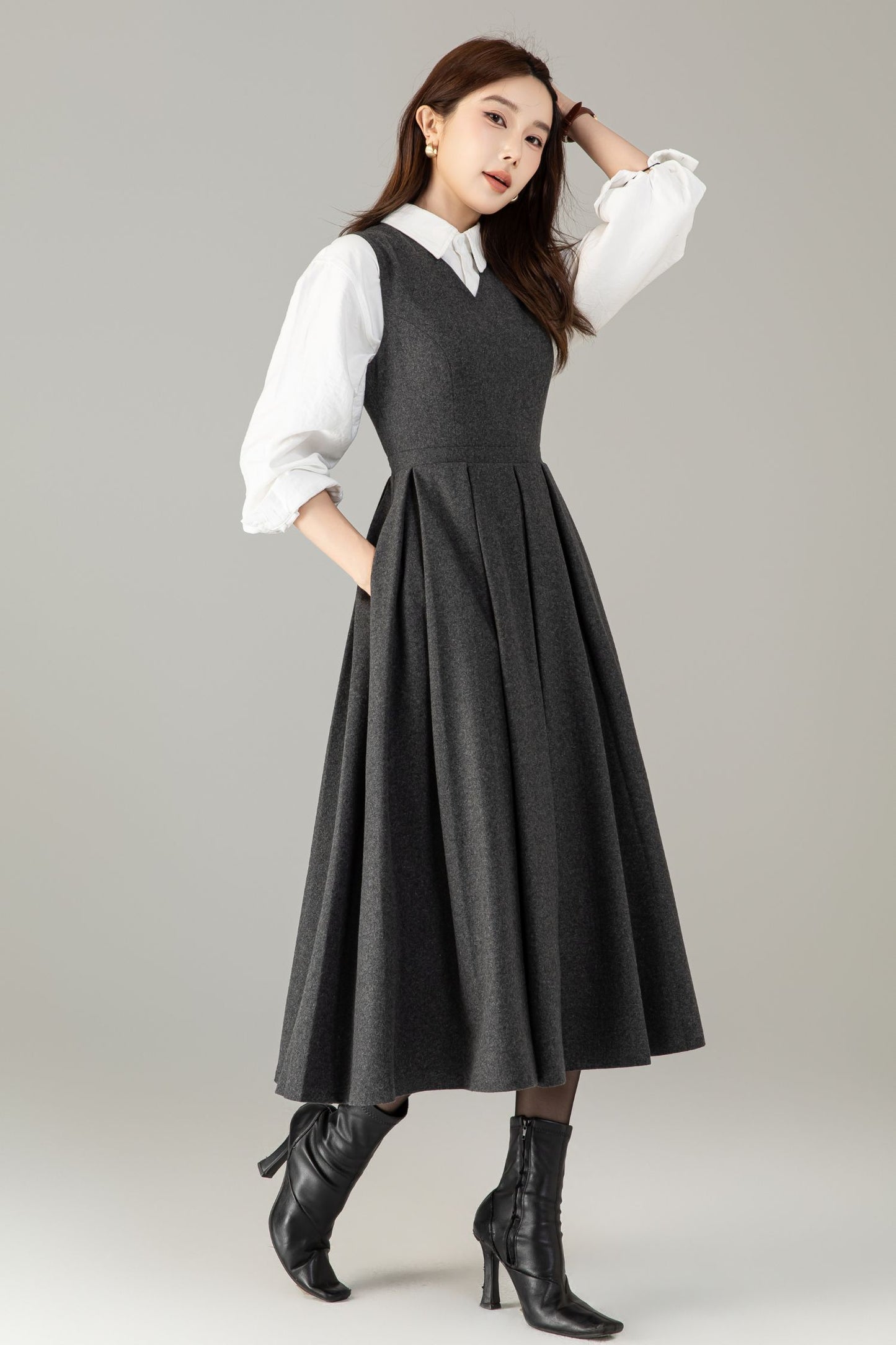 Handmade Wool Blend A-Line Midi Dress – Vintage Winter Swing Style | Xiaolizi 6498