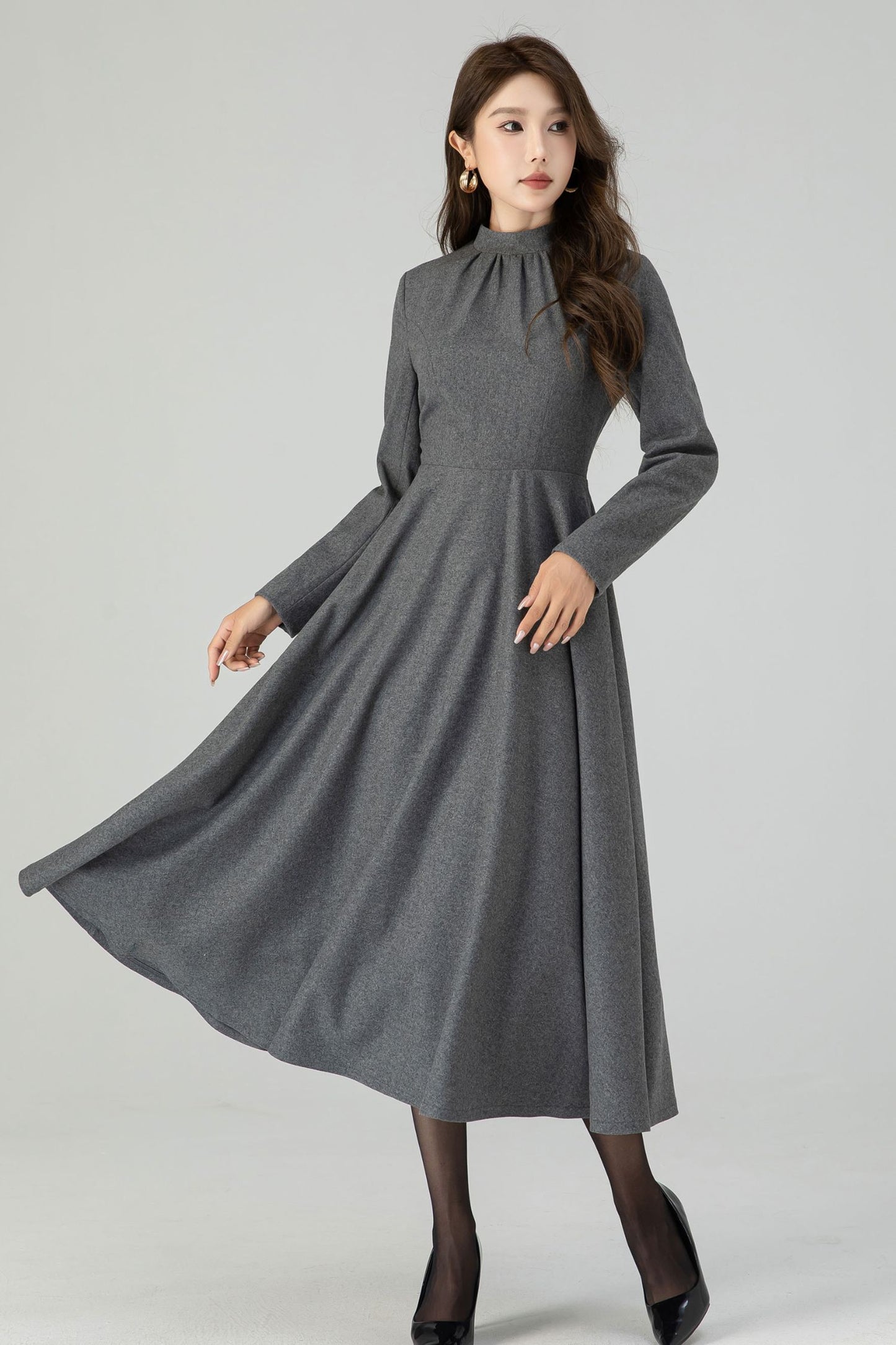 Retro gray swing wool dress 4549