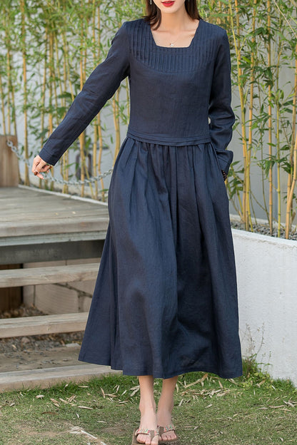 Maxi casual spring linen dress women 2874