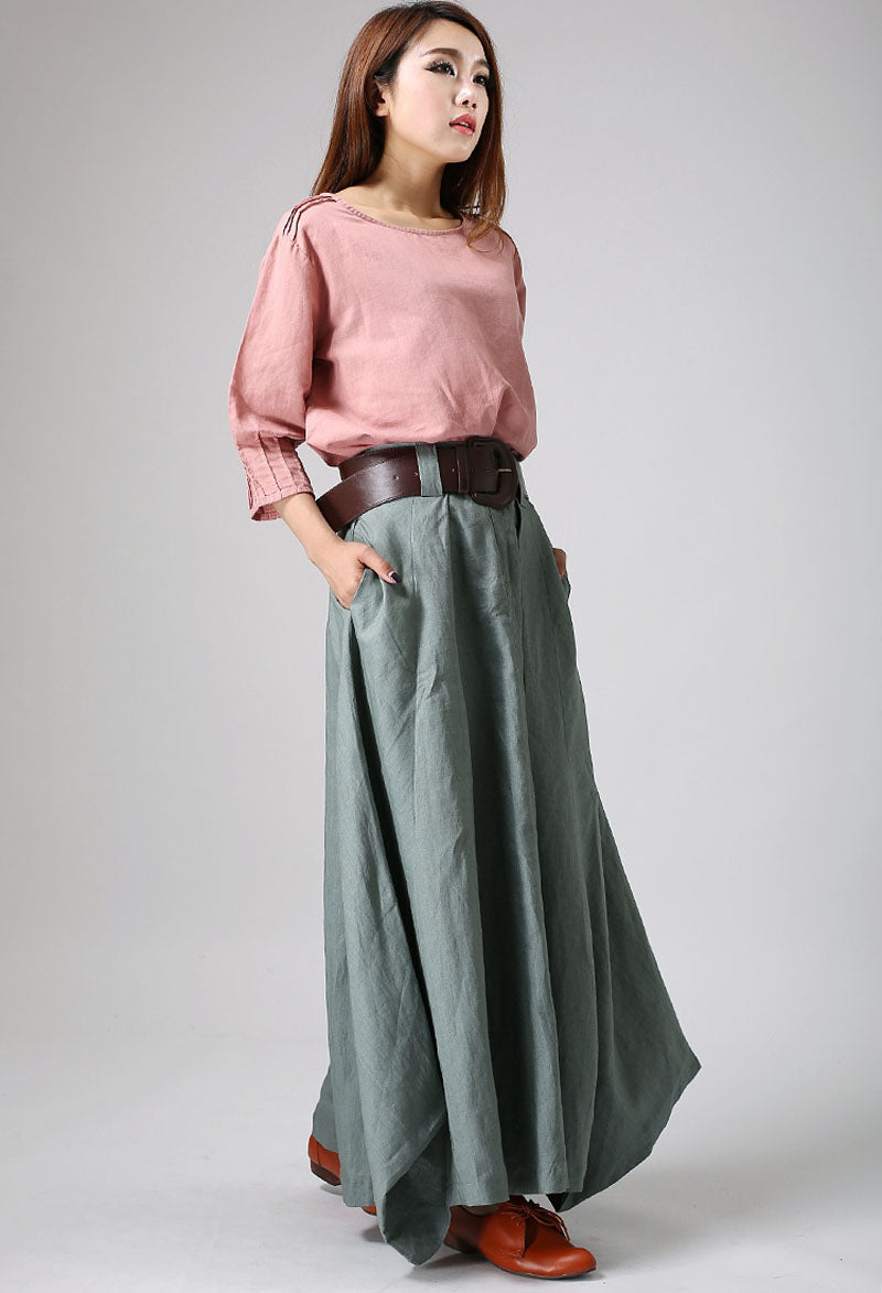 Sage Green Linen Cotton Maxi Skirt – Handmade Flowy Boho Long Skirt | Xiaolizi 914