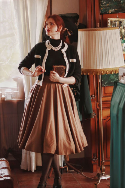 Brown Wool Circle Skirt - High Waist Pleated Winter Elegance 4836