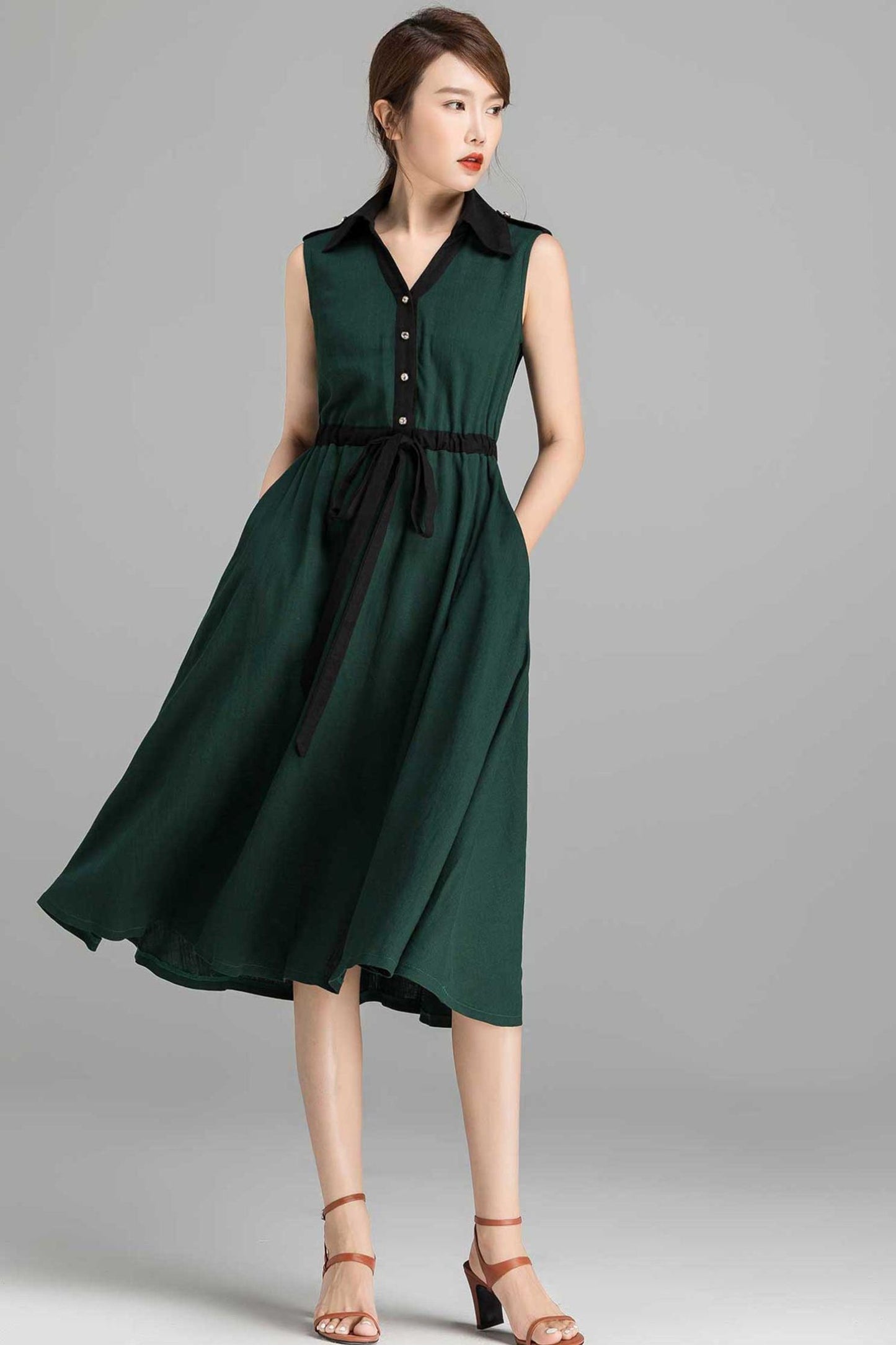 Sleeveless green linen shirt dress women 2362