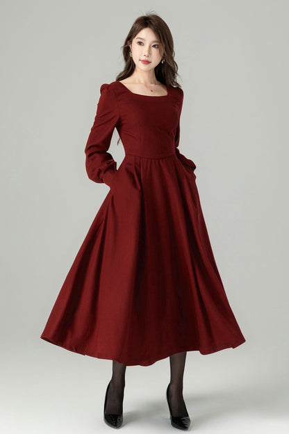 Vintage Wool Midi Dress – Dark Green A-Line Silhouette – 5236