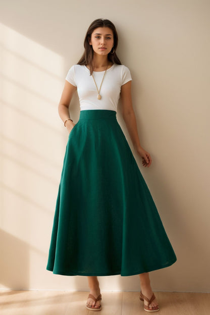 Green Linen Maxi Skirt with pockets 4977
