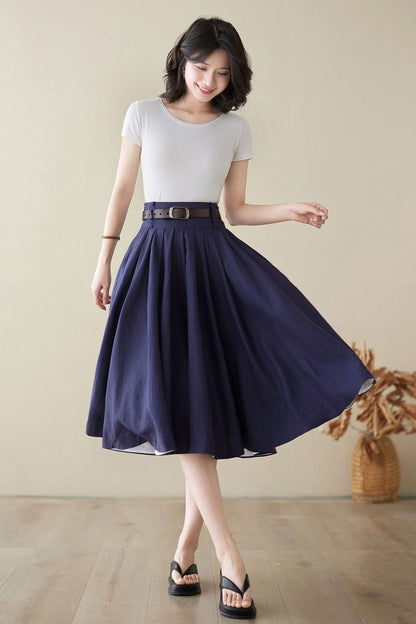 Navy Linen Pleated A-Line Skirt - High Waist Knee Length | Xiaolizi 4972