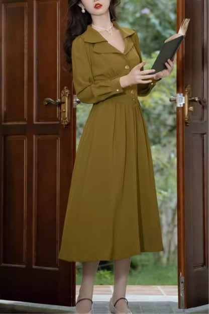 Army Green Polyester Midi Dress - Vintage Fit and Flare 4841