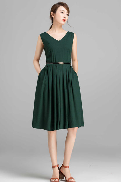 Sleeveless knee length green linen dress 2357