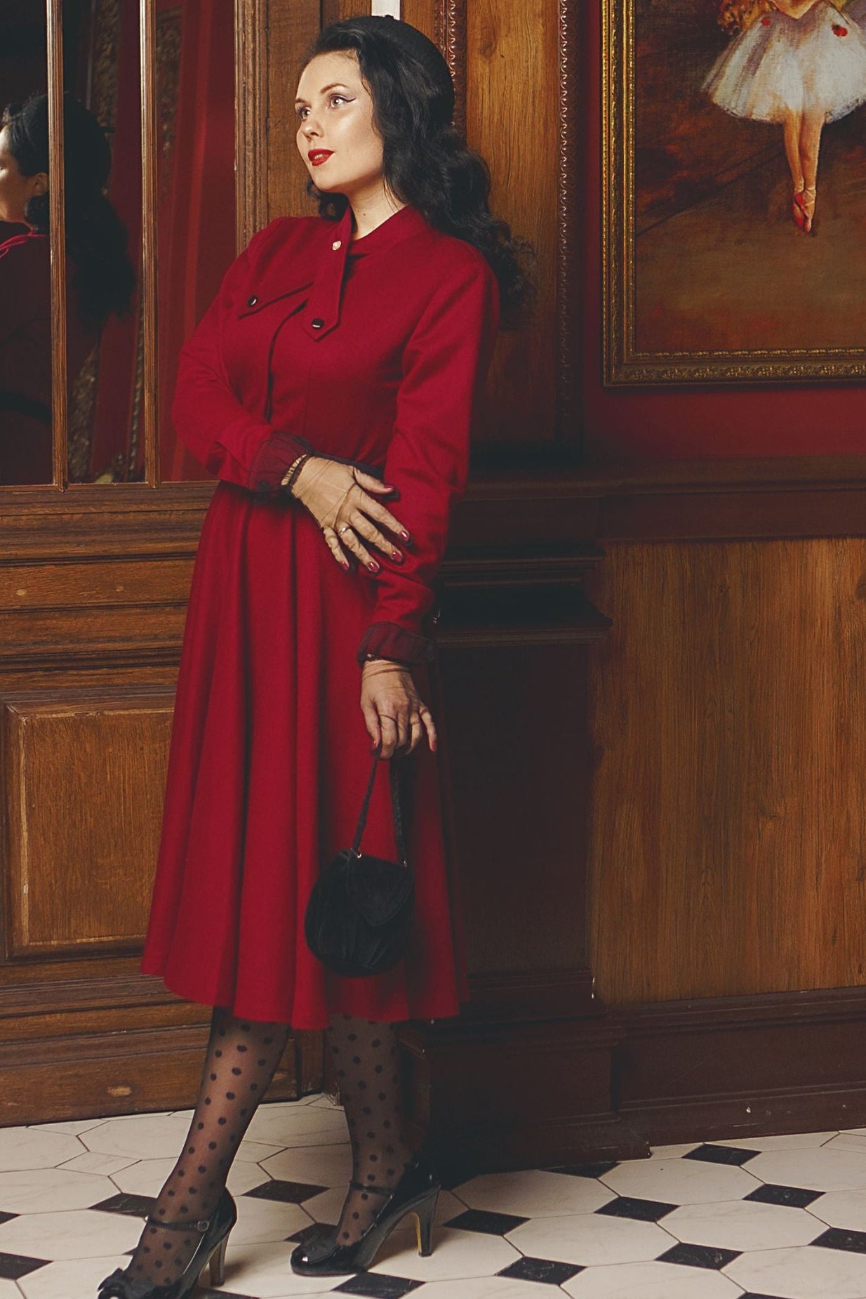 Burgundy Wool Fit & Flare Dress - A-Line Long Sleeve | Xiaolizi 4815 - Burgundy / XS Burgundy Wool Fit & Flare Dress - A-Line Long Sleeve | Xiaolizi 4815 - Burgundy / XS