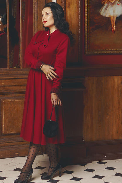 Burgundy Wool Fit & Flare Dress - A-Line Long Sleeve | Xiaolizi 4815