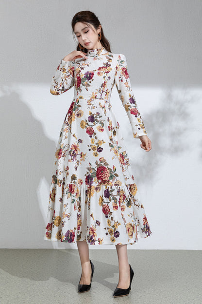 Floral Cotton Linen Maxi Dress: Ruffle High Neck Long Sleeve Dress 6713
