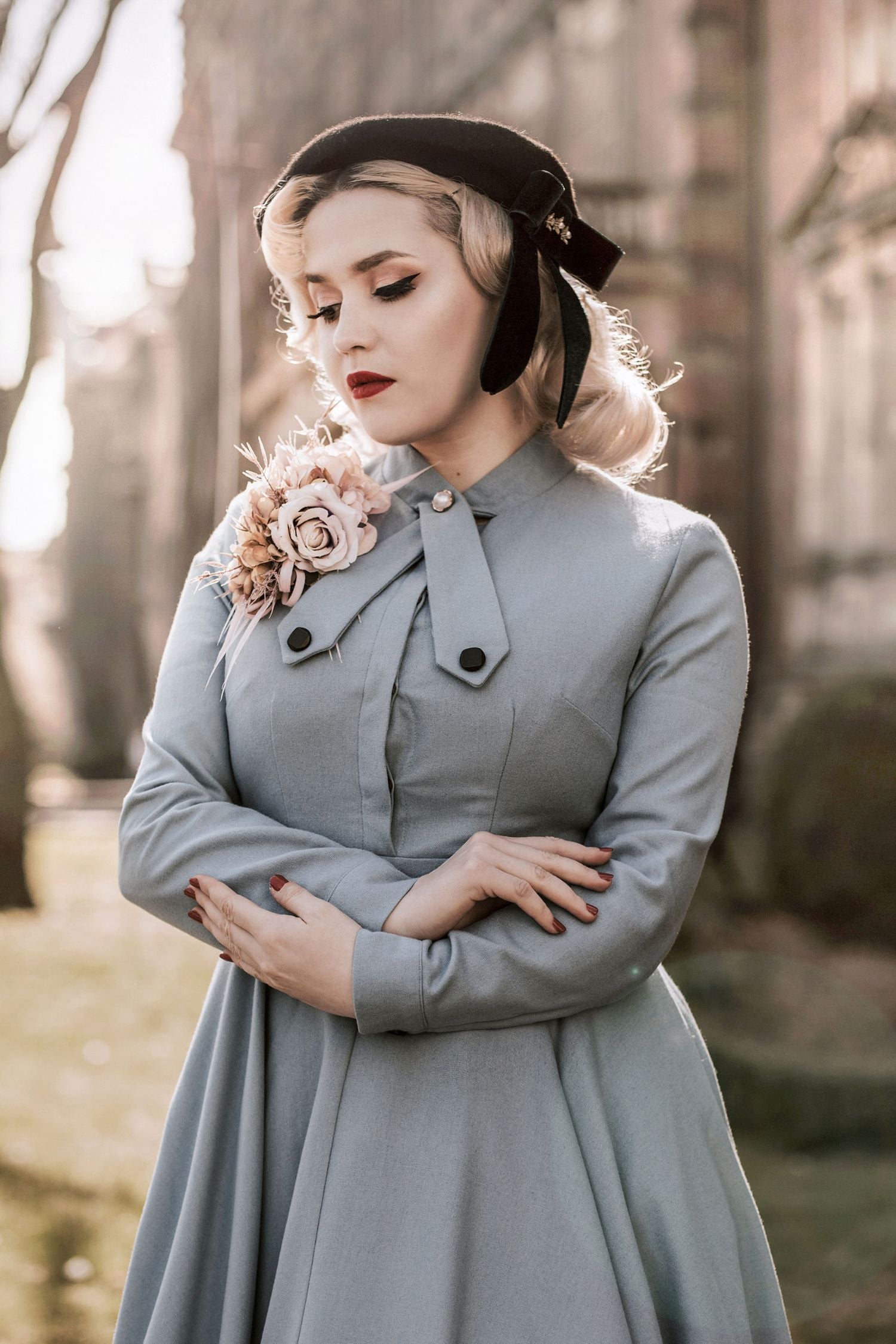 Blue Wool Fit & Flare Dress - 50s Vintage Long Sleeve | Xiaolizi 2749 - Blue / XS Blue Wool Fit & Flare Dress - 50s Vintage Long Sleeve | Xiaolizi 2749 - Blue / XS