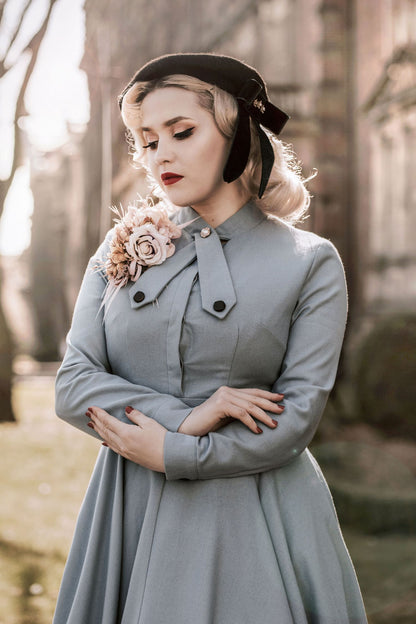 Blue Wool Fit & Flare Dress - 50s Vintage Long Sleeve | Xiaolizi 2749