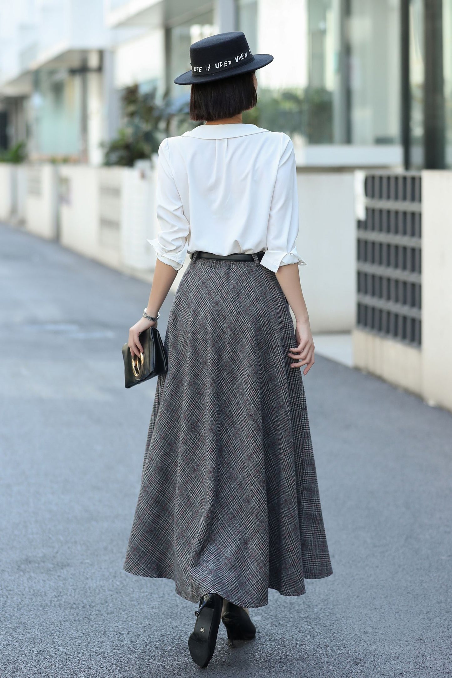 Gray Plaid Wool Maxi Skirt – Vintage High Waist Winter Skirt with Pockets 3106