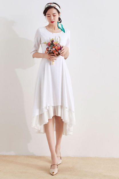White Linen Summer High-Low Dress with Flowy Hem 2517