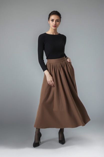 Brown Wool Maxi Skirt - Pleated with Back Elastic Waistband 6290