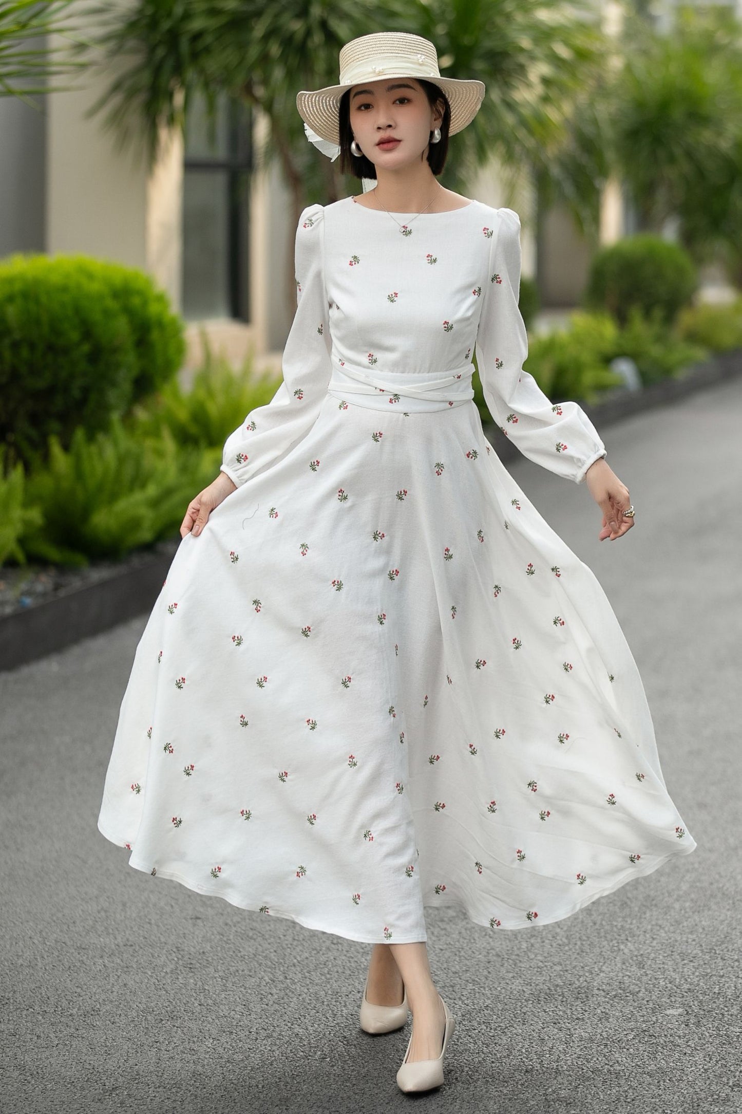 Handmade White Floral Linen Midi Dress – Vintage A-Line Long Sleeve Dress 6661