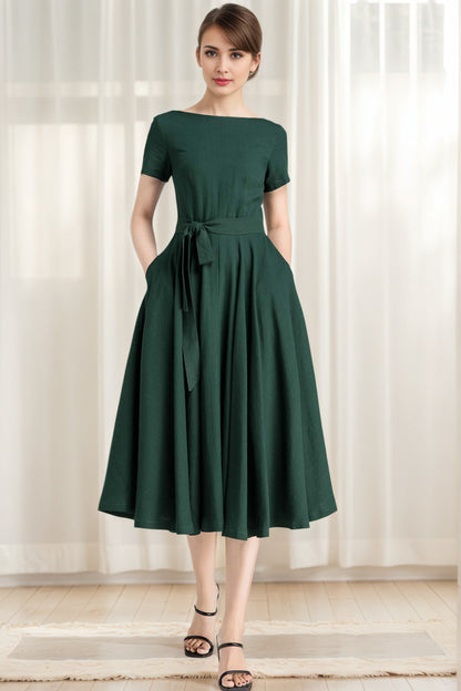 Dark Green Linen Fit and Flare Dress – Boat Neck Midi with Pockets 6626