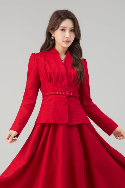 Linen Two-Piece Set - Vintage Blazer & Circle Midi Skirt | Xiaolizi 5759