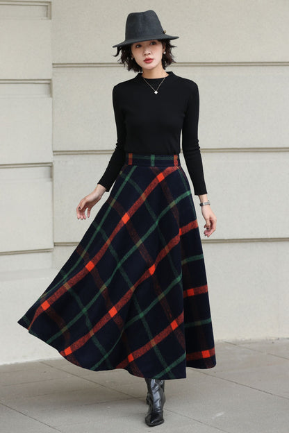Xiaolizi Plaid Wool Maxi Skirt for Women – Handmade A-Line Winter Swing Skirt 6619