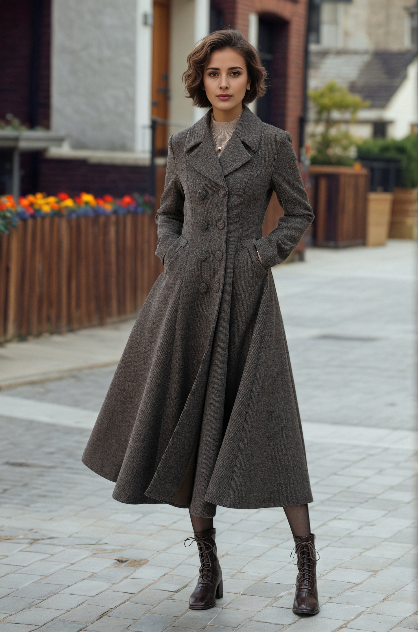 Timeless Wool Maxi Coat – Dark Brown Double Breasted Silhouette – 6296