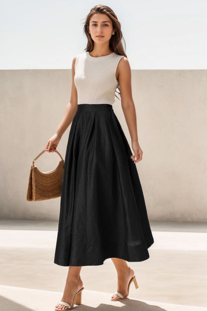 Black Linen Midi Skirt - Pleated Waist, Elastic Back 5124