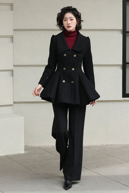 Xiaolizi Burgundy Wool Coat for Women – Handmade Double-Breasted Peplum Winter Coat 6616