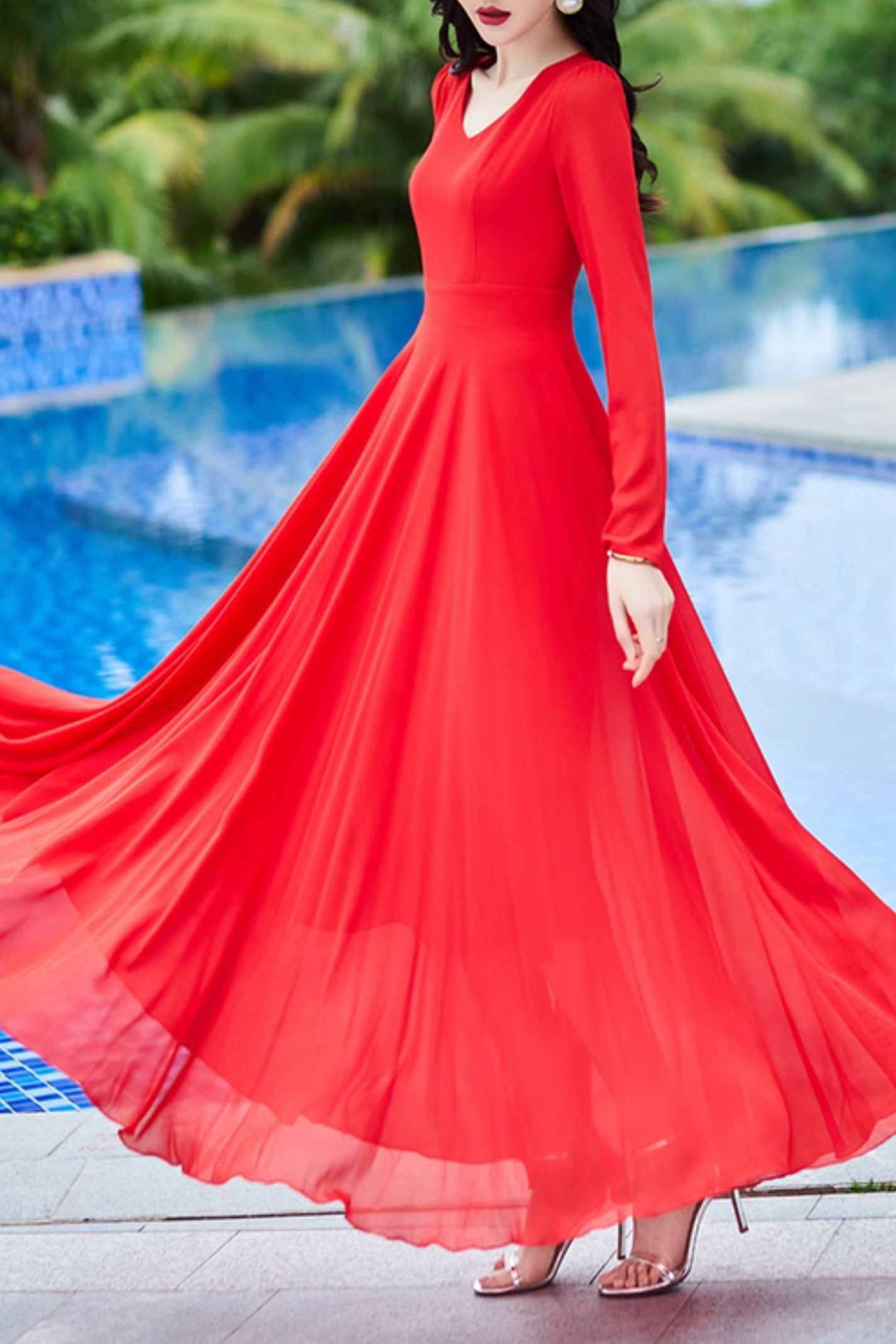 Long sleeves fit and flare maxi chiffon dress 4998 – XiaoLizi