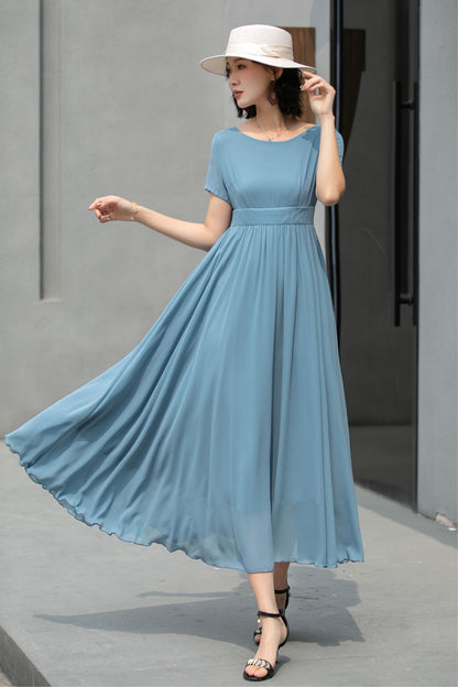Hight waist Blue chiffon maxi dress 5862