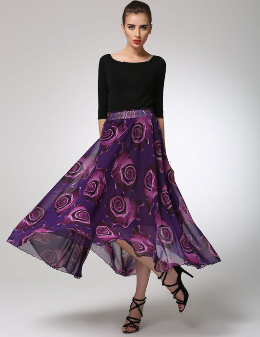Vintage-Inspired Purple Print Chiffon Skirt with Elastic Waist 1297