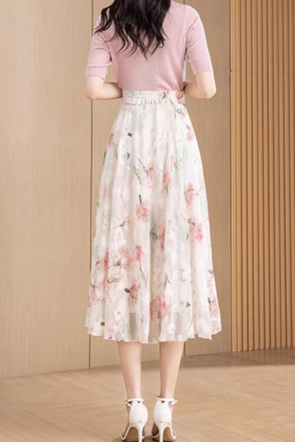 Midi high waisted printed chiffon skirt 6189