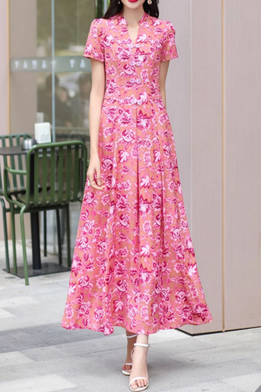 Pink flower printed maxi prom chiffon dress 5043