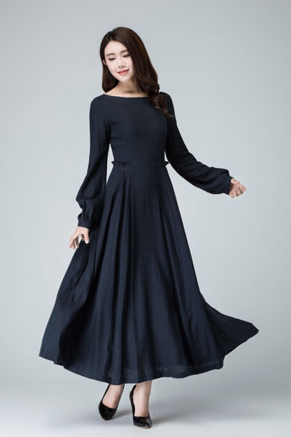 Blue Linen Maxi Dress - Flared Skirt & Boat Neckline 1465